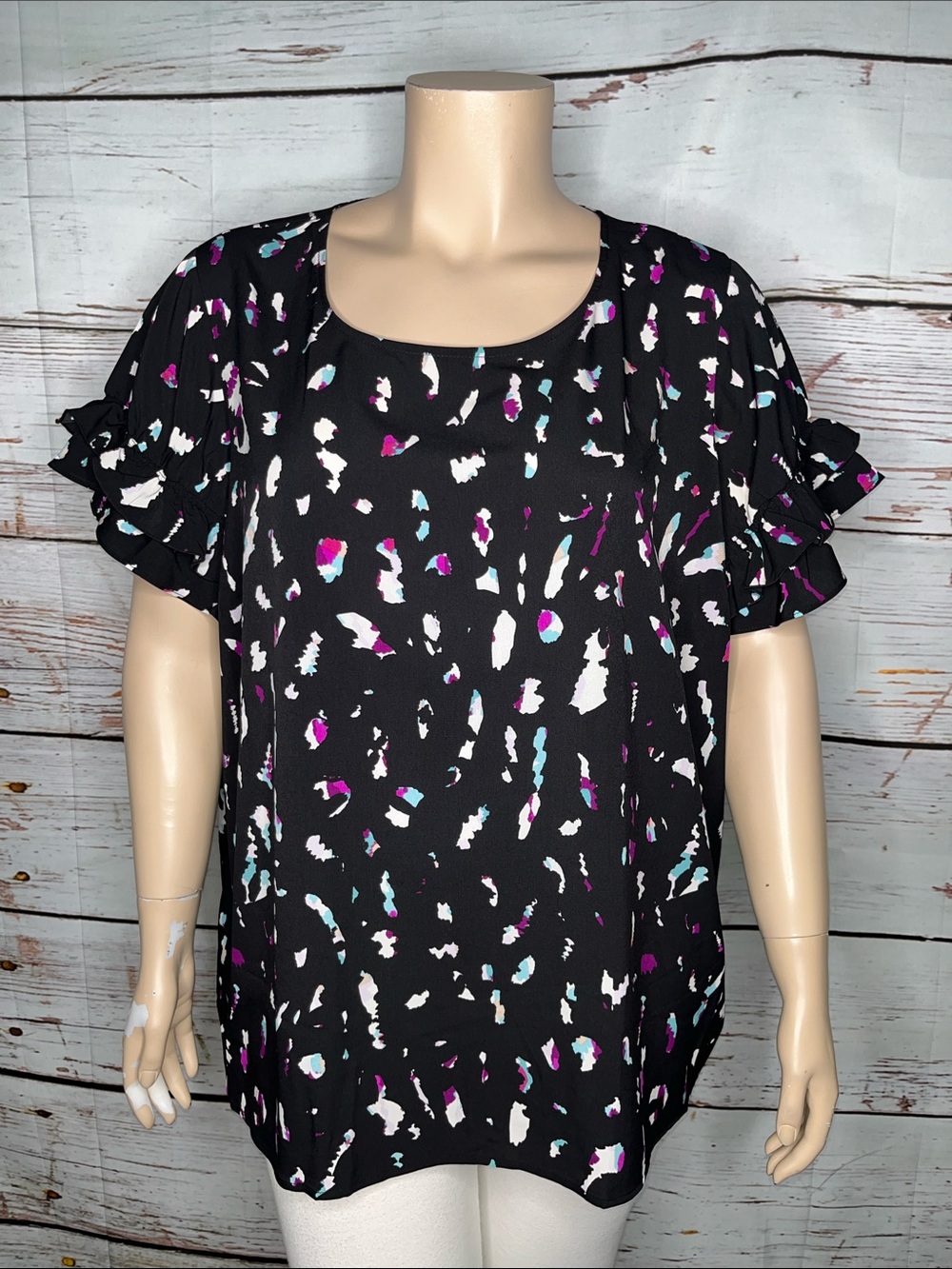 Lane Bryant Size 26 Black - Printed Tiered Ruffle Sleeve Blouse Top